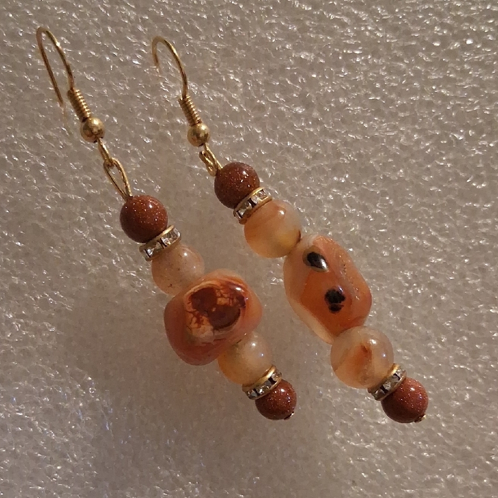 Gold and Brown Dangle Earrings with Textured Beads